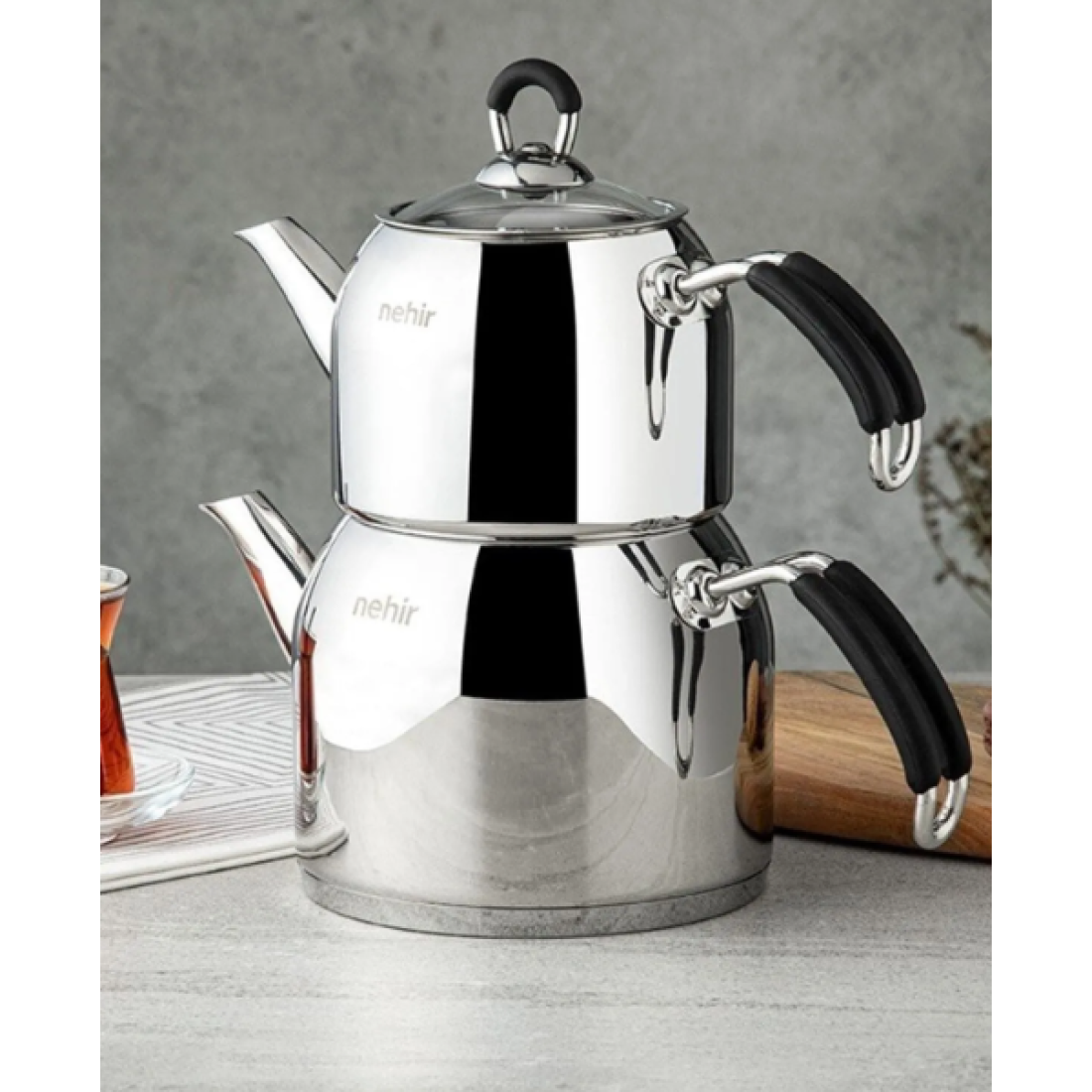 Nehir Modern Büyük Orta Boy Çaydanlık Takımı Kendinden Süzgeçli 2 Lt/ 1 Lt And397