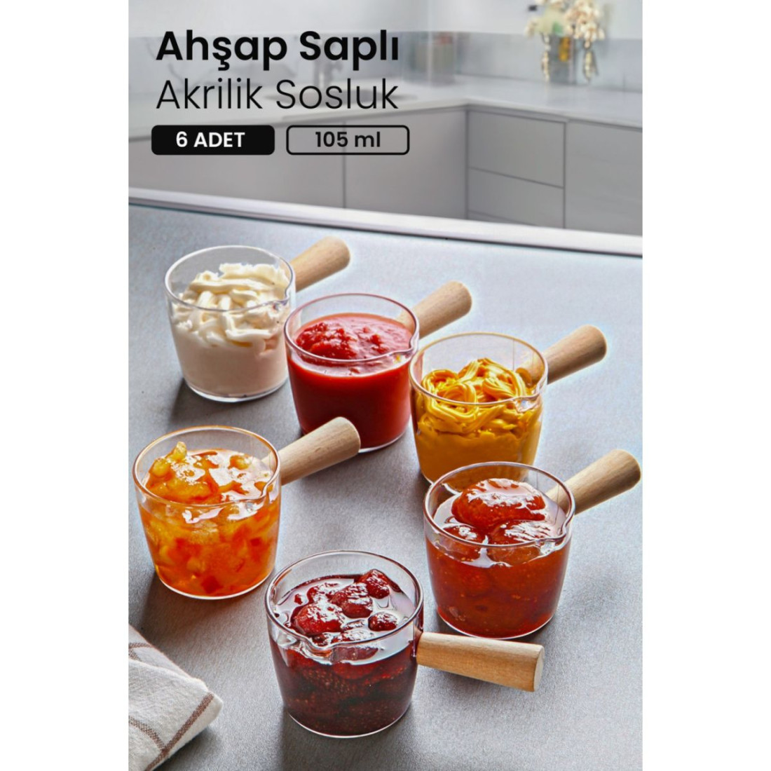 Kitchen Life 6 Lı Ahşap Saplı Mıka Reçellik Sosluk Sofra Sunum Kahvaltı Seti - 80 Ml