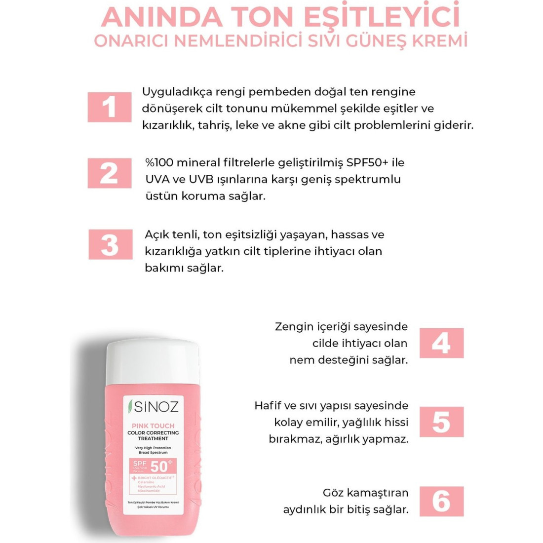 Sinoz Pink Touch Anında Ton Eşitleyici Onarıcı Nemlendirici Pembe Yüz Güneş Kremi Spf50