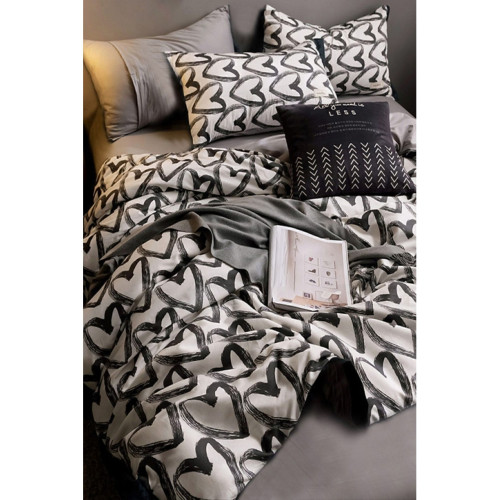 İqon Lastikli Çarşaflı Nevresim Takımı Çift Kişilik Love Kalp Gri