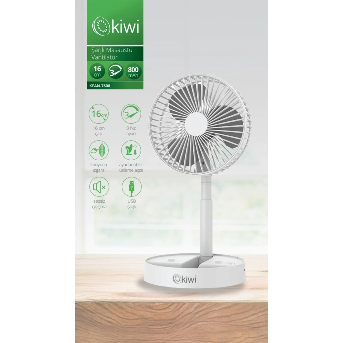 Kiwi Kfan-7608 Şarjlı Beyaz Katlanılabilir Mini Fan Masa Üstü Vantilatörü Usb Soğutucu Sessiz El Fanı