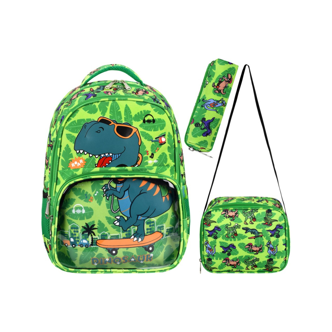 Roxy Lisanslı Dinazor Desenli 3'Lü Set Okul Çantası,Termal Beslenme Çantası ve Kalem Kutusu Seti