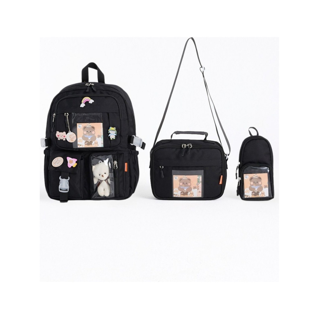 Roxbros Kawaii Kore Tarzı Aksesuarlı 3'Lü Set Çocuk İlkokul Çantası Kalemlikli Beslenme Çantalı Sırt Çantası