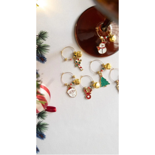 THE HANDMADE HUB 6'lı Yılbaşı Temalı Gold Bardak/Kadeh İşaretleyici Set | Yılbaşı Süsü