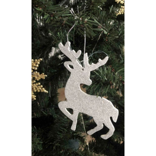 Parti Dolabı Gümüş Gri Keçe Geyik Yılbaşı Ağaç Süs Simli Eva Ağaç ve Hediye Süsü 6lı