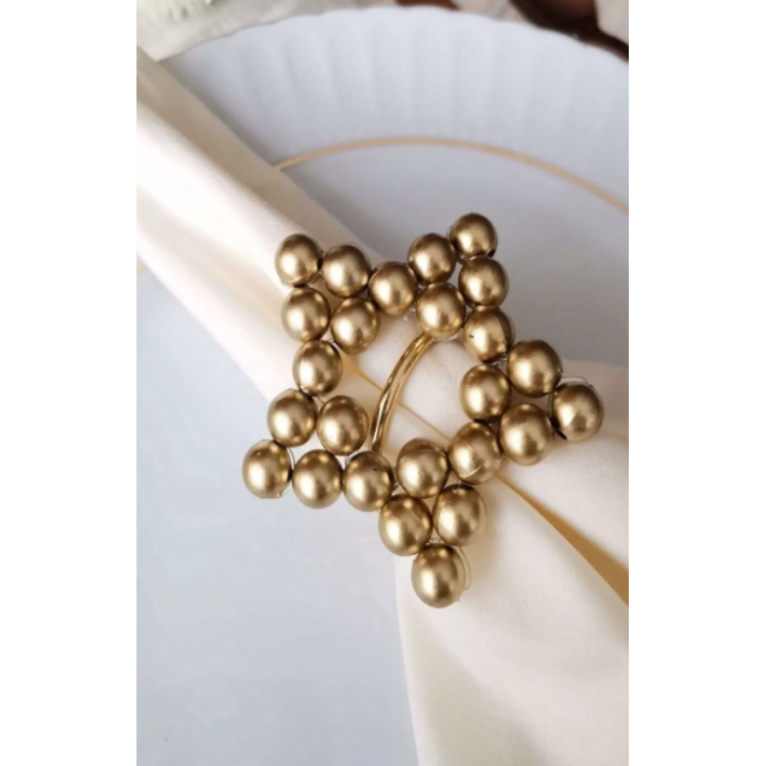 Emtory Home 6 Adet Gold Metal Halkalı Parlak Ahşap Boncuklu Peçete Yüzüğü