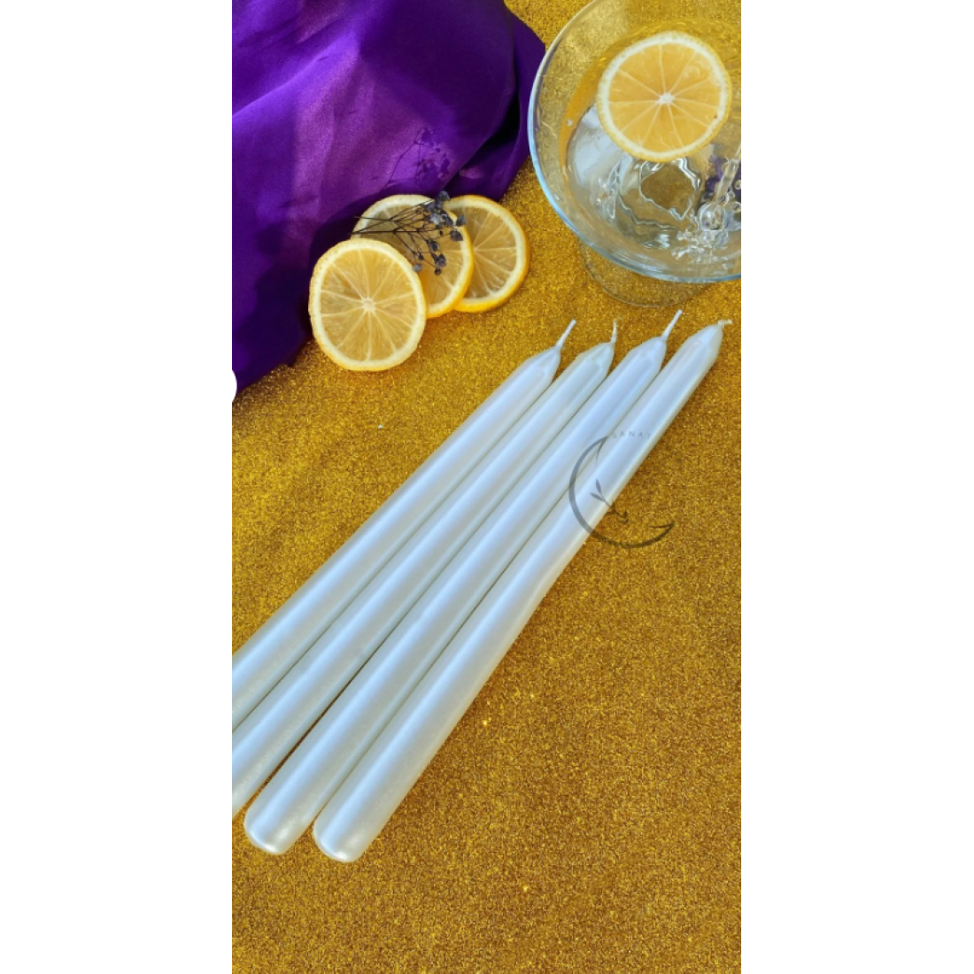 SANAT SEPET İŞLERİ Premium Seri Kokulu Beyaz Rengi Sedefli Konik Şamdan Mum - 4'lü Set