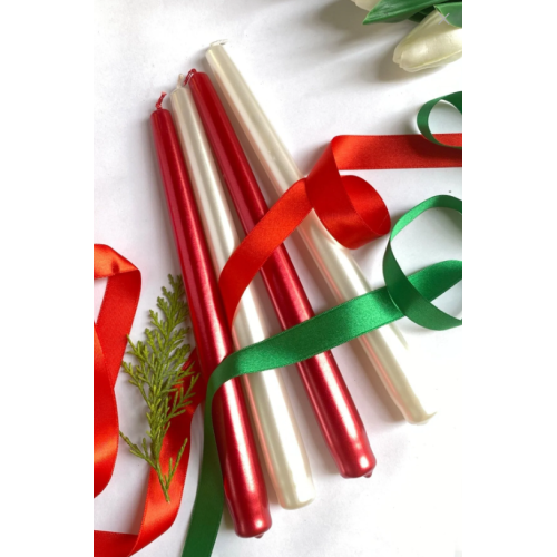 SANAT SEPET İŞLERİ Premium Yılbaşı Özel Kırmızı + Beyaz Renk Sedefli Kokulu Konik Şamdan Mum - 4'lü Set