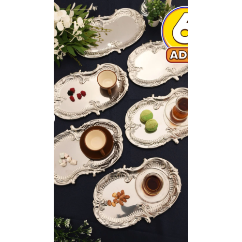 Silen Kahve Sunum Tepsisi Gümüş - Paslanmaz Bulut Model 6 Lı Set