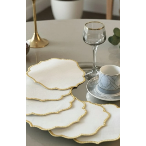 Simli 6 Adet Keten Kumaş Üzeri Nakışlı Kahve Yanı Sunumluk Kokteyl Peçetesi & Bardak Altlığı Gold