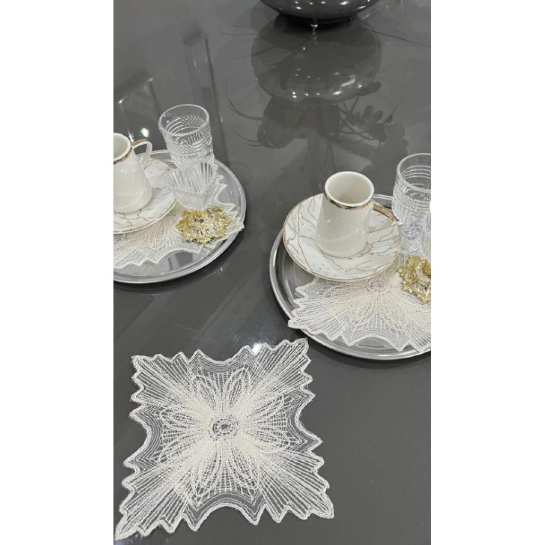 nubu atelier Begonvil model Krem renk Dekoratif Güpür Dantel 6'lı Kahve Kokteyl Sunum Peçetesi