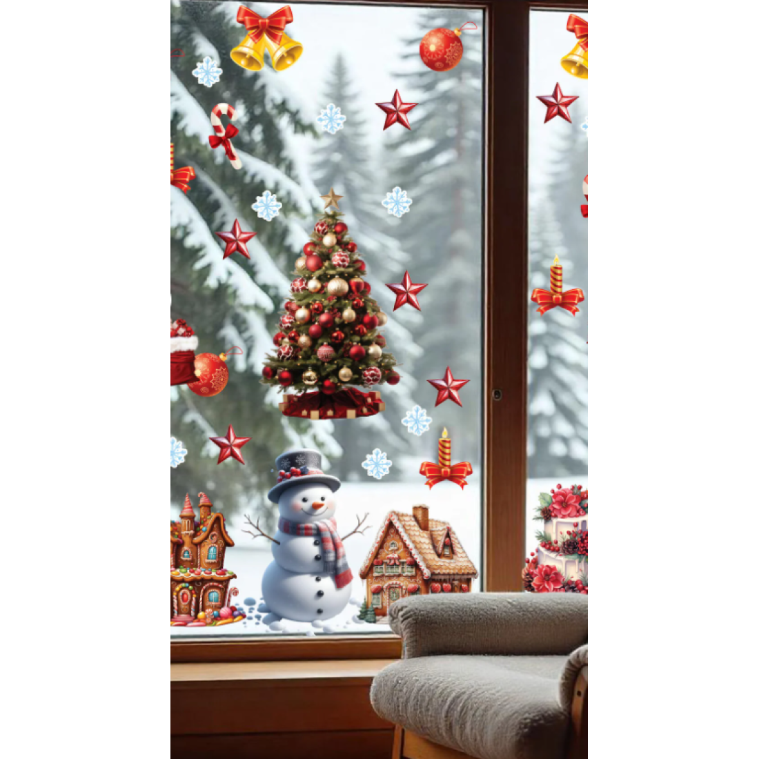 Aysprint Yılbaşı Çiçek ve Yıldız Yaprak Sulu Boya Tarzı Cam Duvar Yılbaşı Sticker - Etiket Süsü Hediyesi