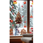 Aysprint Yılbaşı Çiçek ve Yıldız Yaprak Sulu Boya Tarzı Cam Duvar Yılbaşı Sticker - Etiket Süsü Hediyesi