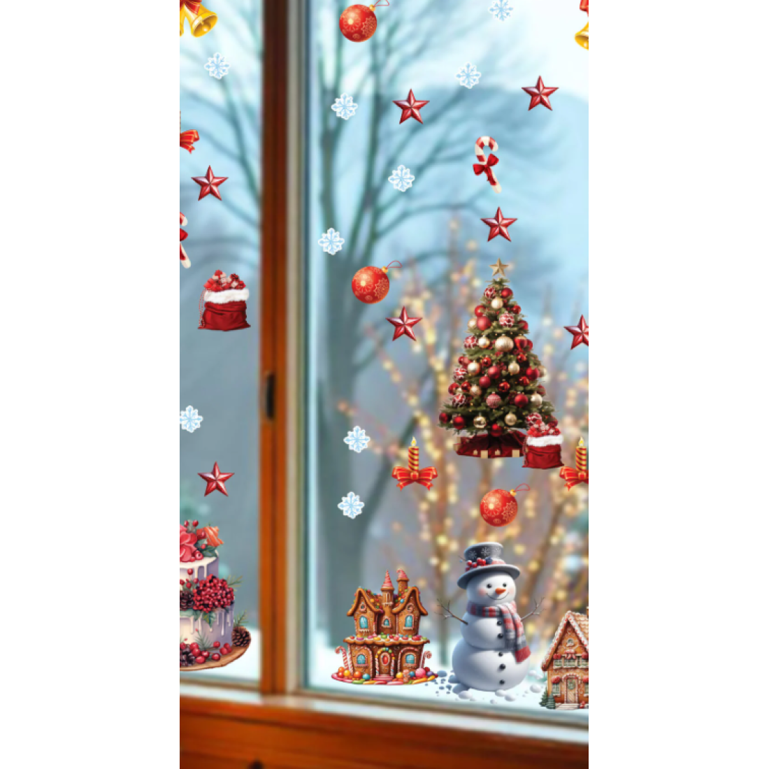 Aysprint Yılbaşı Çiçek ve Yıldız Yaprak Sulu Boya Tarzı Cam Duvar Yılbaşı Sticker - Etiket Süsü Hediyesi