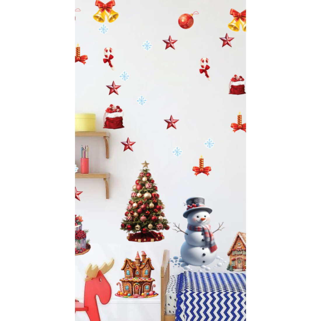 Aysprint Yılbaşı Çiçek ve Yıldız Yaprak Sulu Boya Tarzı Cam Duvar Yılbaşı Sticker - Etiket Süsü Hediyesi