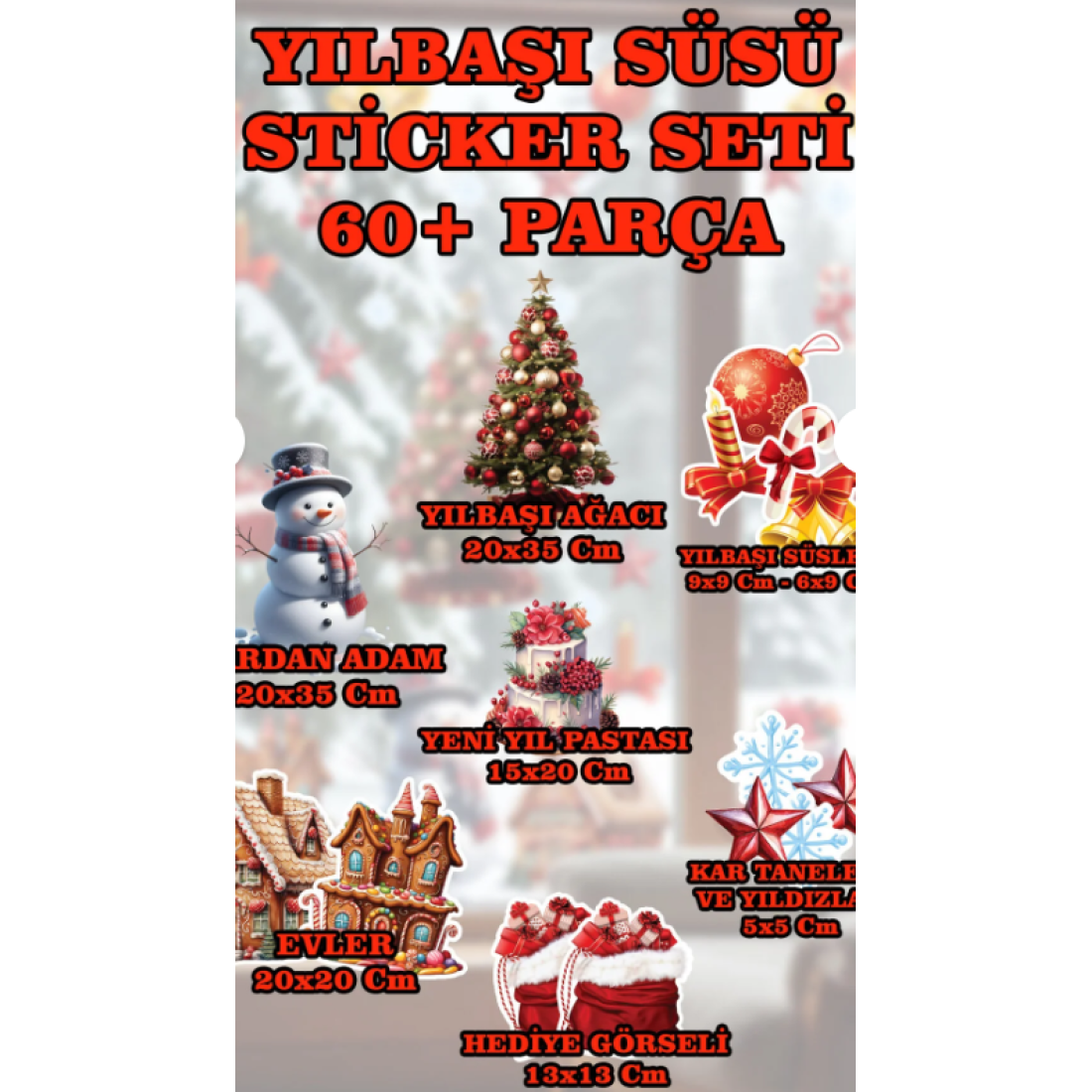 Aysprint Yılbaşı Çiçek ve Yıldız Yaprak Sulu Boya Tarzı Cam Duvar Yılbaşı Sticker - Etiket Süsü Hediyesi