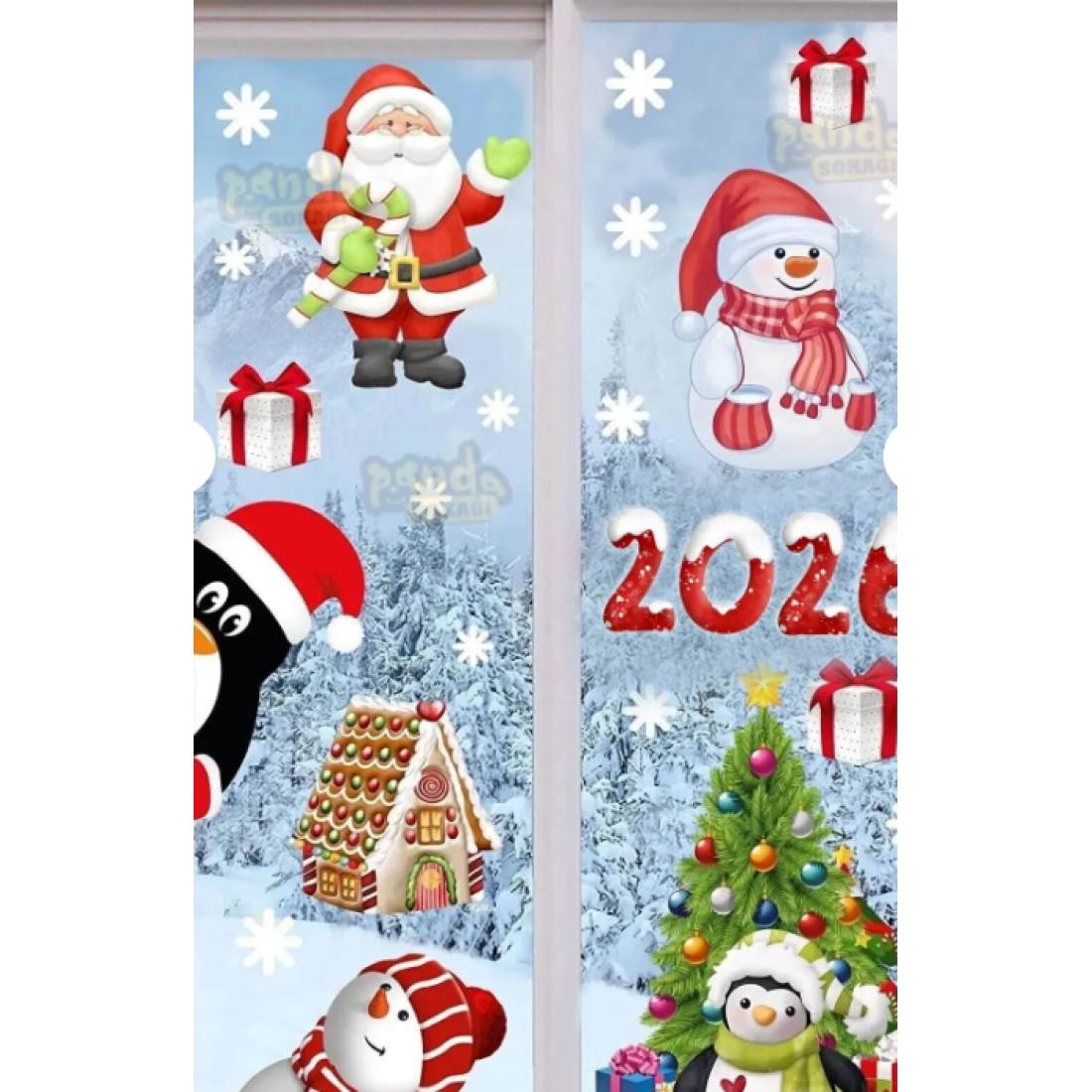 PANDA SOKAĞI Yılbaşı Sticker 2026 Figürleri Noel Baba Ve Geyik Ve Kartanesi Pencere Duvar