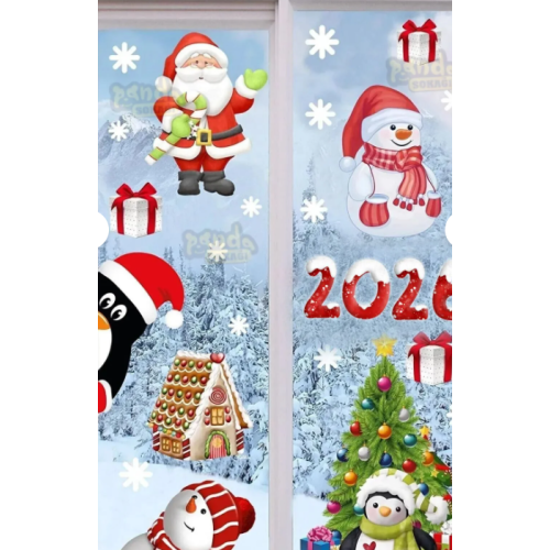 PANDA SOKAĞI Yılbaşı Sticker 2026 Figürleri Noel Baba Ve Geyik Ve Kartanesi Pencere Duvar