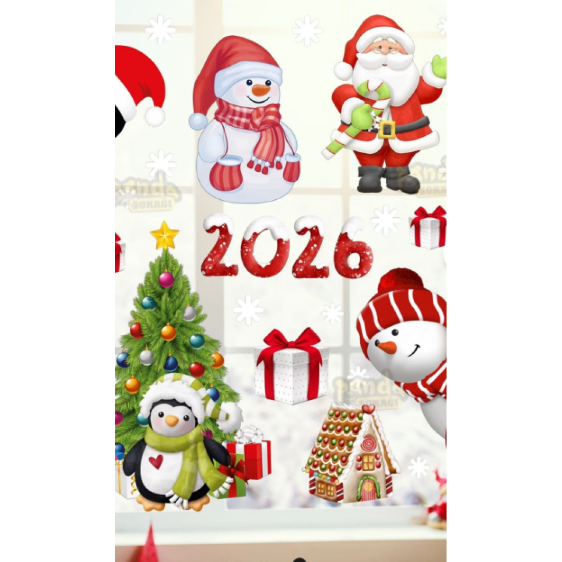 PANDA SOKAĞI Yılbaşı Sticker 2026 Figürleri Noel Baba Ve Geyik Ve Kartanesi Pencere Duvar