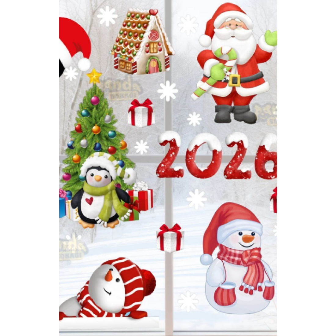 PANDA SOKAĞI Yılbaşı Sticker 2026 Figürleri Noel Baba Ve Geyik Ve Kartanesi Pencere Duvar