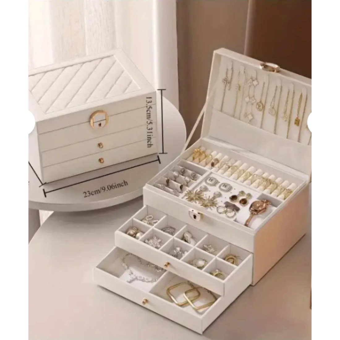 Home Luxe Takı Mücevher Kutusu-organizer-büyük 3 Katlı-kilitli Anahtarlı-modern Suni Deri