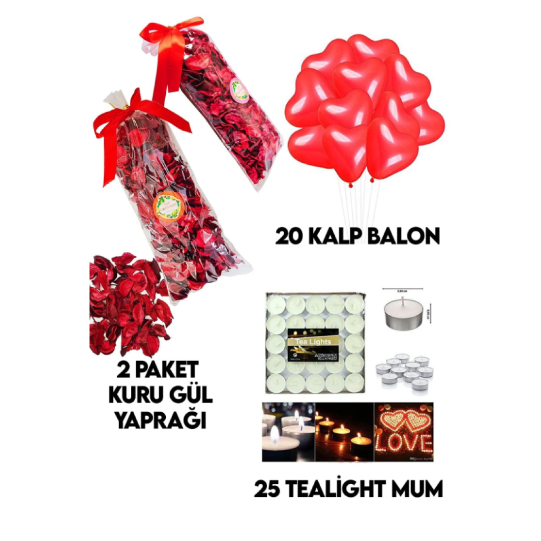 Parti Dolabı 600 Kuru Gül Yaprağı,20 Kalp Balon,25 Beyaz Mum Romantik Hediye 14 Şubat Sevgililer Günü Doğum Günü