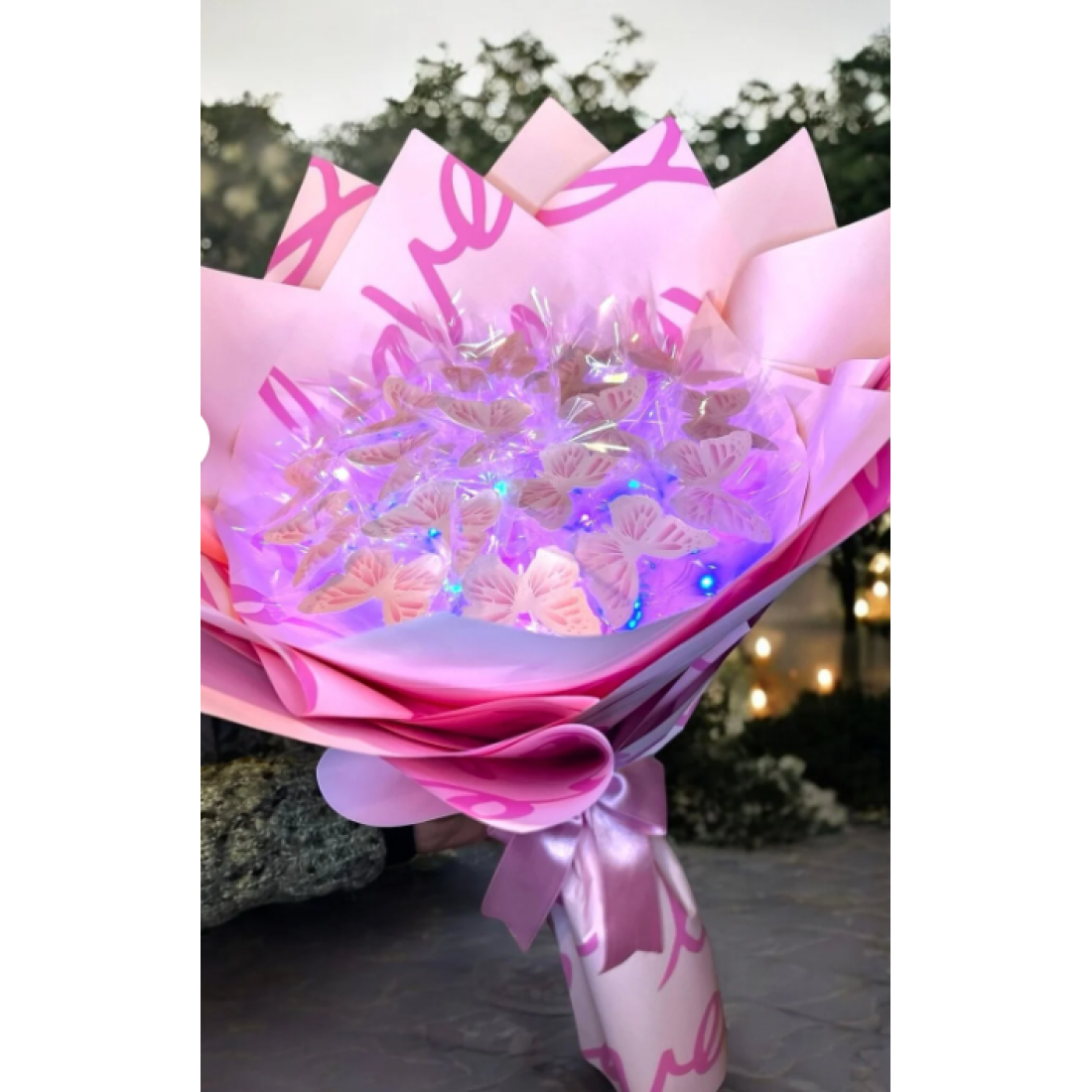 exzone Led Işıklı Pembe Kelebek Buketi Love Ambalajlı, Dekoratif Konsept Hediye Anneye, Sevgiliye,arkadaşa