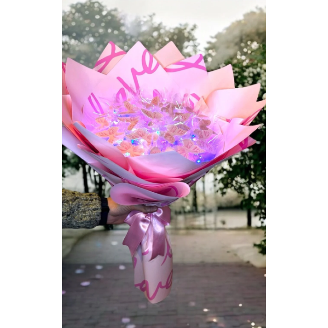 exzone Led Işıklı Pembe Kelebek Buketi Love Ambalajlı, Dekoratif Konsept Hediye Anneye, Sevgiliye,arkadaşa