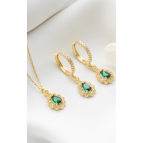 Silvano Jewelry 925 Ayar Gümüş Zümrüt Yeşili Damla Kolye Küpe Seti
