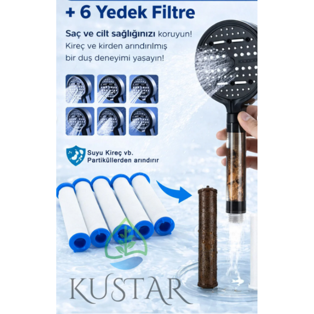 KUSTAR PureFlow Filtreli Duş Başlığı | 6 Adet Yedek Filtre | Kireç Önleyici | Su Arıtıcı | 6 Fonksiyonlu