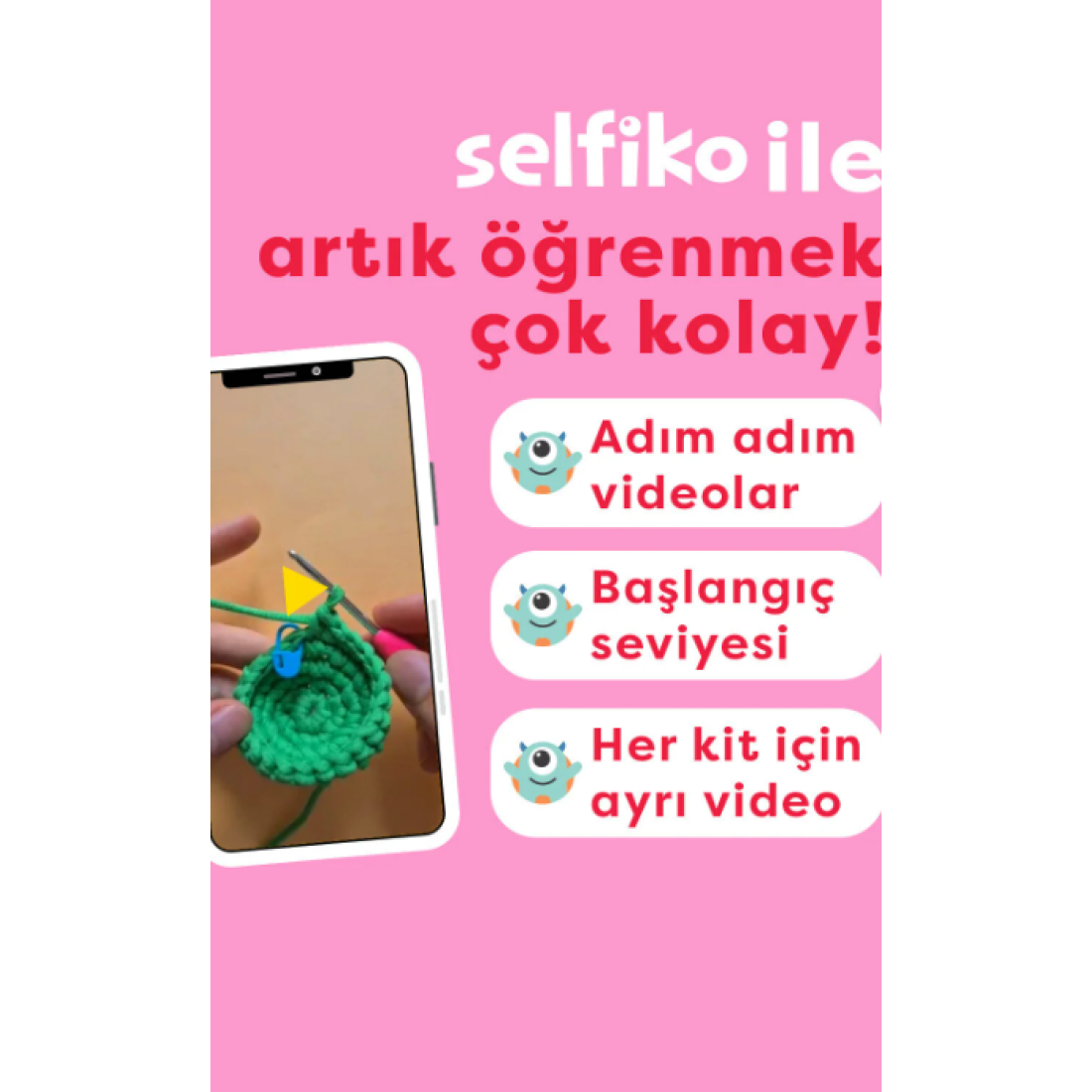 selfiko Caniko Örgü Öğrenme Kiti | Yeni Başlayanlar Için Videolu Tığ Işi Amigurumi Kalp Örgü Seti