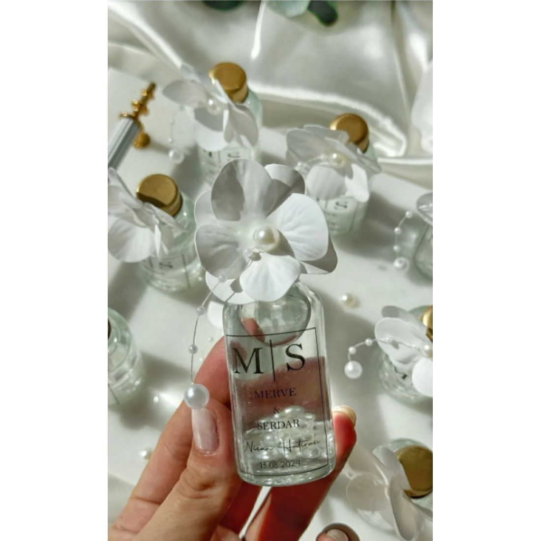 Gami Handmade Cam Şişe Islak Dokulu Ortanca Çiçek İncili Kolonya Söz, Nişan, Düğün, Kına, Nikah,Hediyelik -15 Adet