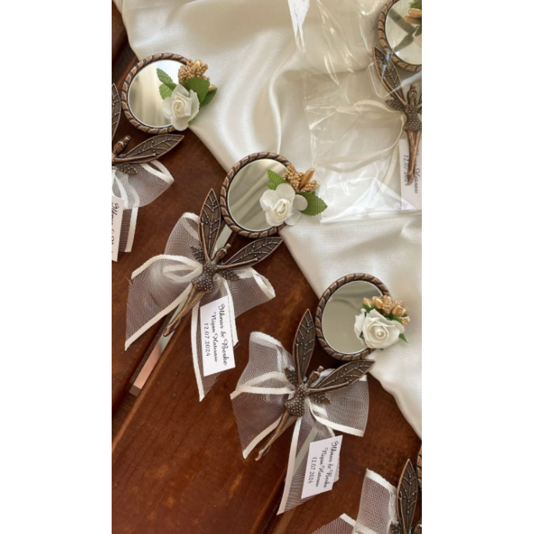 Gami Handmade Melek Ayna Beyaz Çiçekli Magnet Söz, Nişan, Düğün, Nikah, Mevlüt Hediyelik - 20 Adet