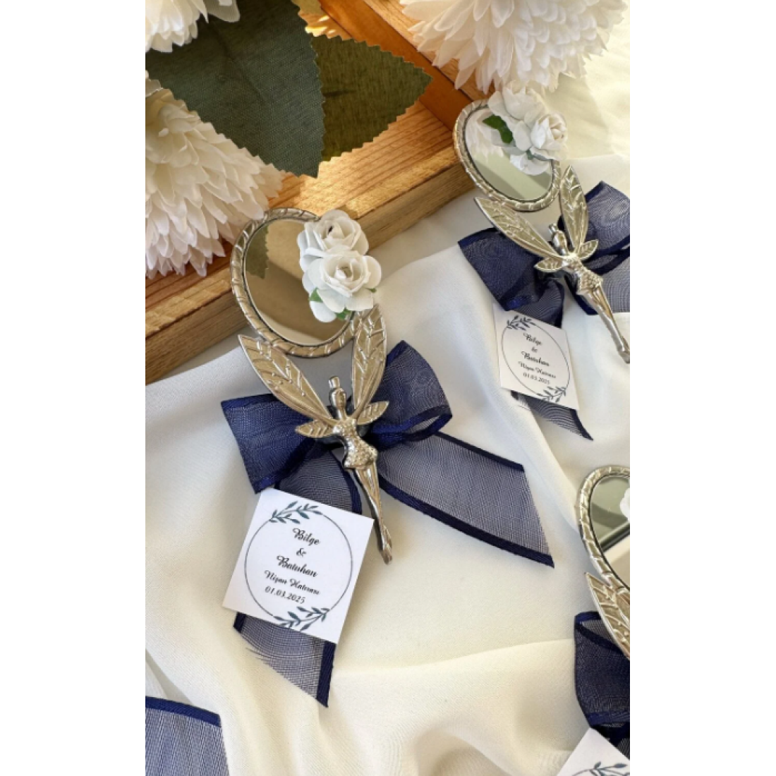 Gami Handmade Lacivert Kurdelalı Melek Ayna Magnet Söz, Nişan, Düğün, Nikah, Mevlüt Hediyelik - 20 Adet