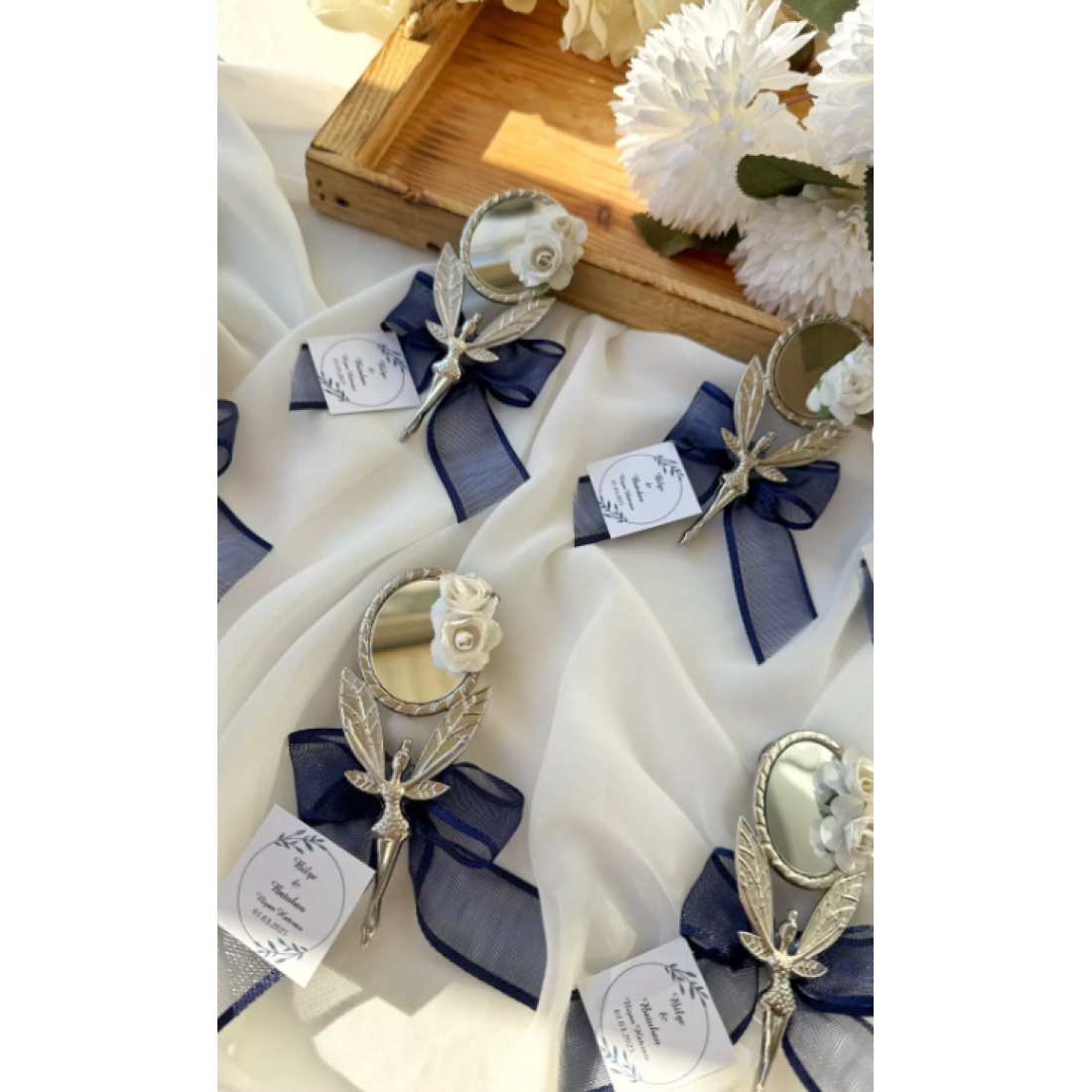 Gami Handmade Lacivert Kurdelalı Melek Ayna Magnet Söz, Nişan, Düğün, Nikah, Mevlüt Hediyelik - 20 Adet