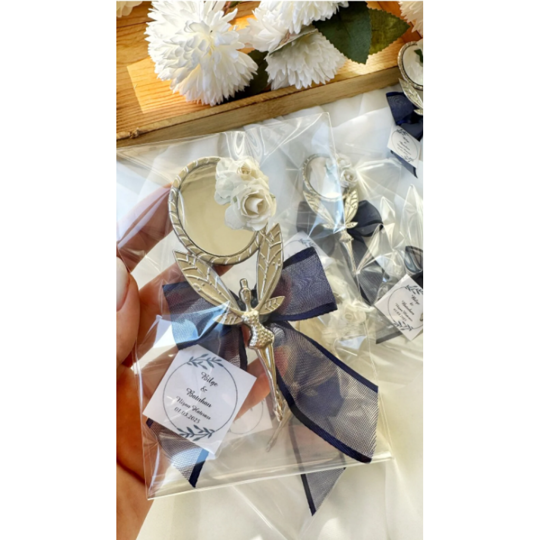 Gami Handmade Lacivert Kurdelalı Melek Ayna Magnet Söz, Nişan, Düğün, Nikah, Mevlüt Hediyelik - 20 Adet