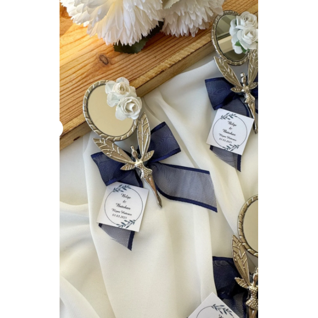 Gami Handmade Lacivert Kurdelalı Melek Ayna Magnet Söz, Nişan, Düğün, Nikah, Mevlüt Hediyelik - 20 Adet
