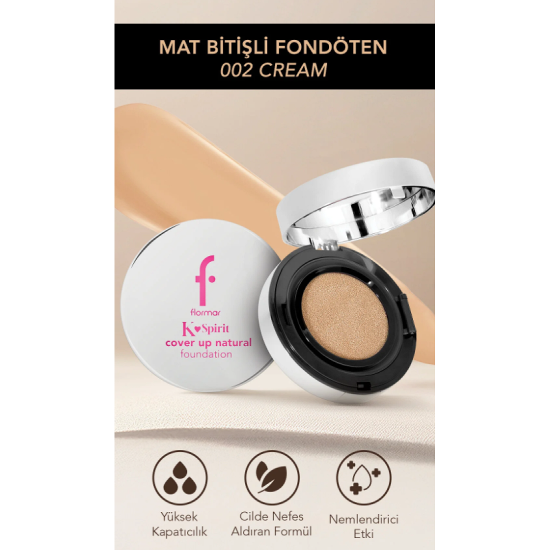 Flormar K-Spirit Cover Up Yoğun Kapatıcı Pürüzsüz Yarı Mat Bitişli Cushion Fondöten - 002 Cream
