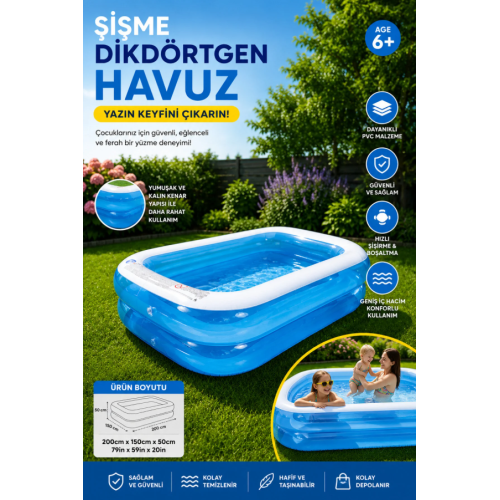 jetlegelsin SD-A-873 Büyük Boy Dikdörtgen Şişme Aile Havuzu (200x150x45 Cm) - Yaza Özel