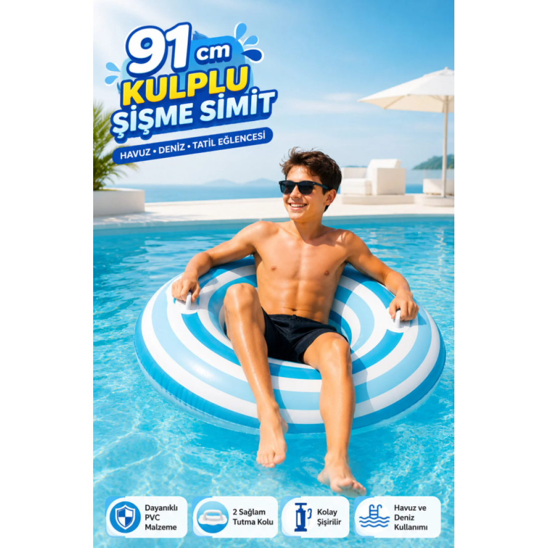 YILDIRIM OYUNCAK Tutmaçlı Girdap Desenli Deniz & Havuz Simidi 91cm – Çift Tutmaçlı Büyük Boy Şişme Simit 9+ Yaş - Yaza Özel