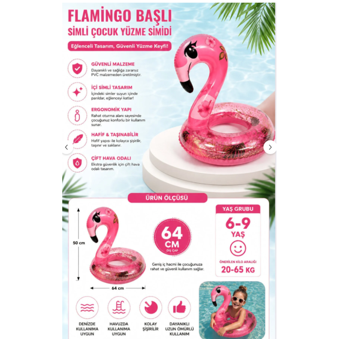 Fidan oyuncak Flamingo Figürlü Simli Çocuk Yüzme Simidi 65 cm – Şişme Havuz & Deniz Simidi - Yaza Özel