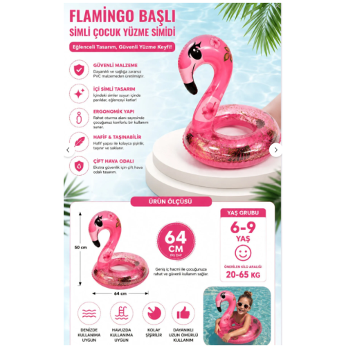 Fidan oyuncak Flamingo Figürlü Simli Çocuk Yüzme Simidi 65 cm – Şişme Havuz & Deniz Simidi - Yaza Özel