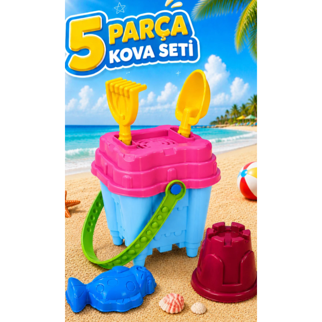 FunkyCraft Küçük Boy Kare Kum Kovası Seti Figürlü | Çocuk Plaj ve Deniz Oyuncağı | Kürek Tırmık Kalıplı Kum Oyun Seti - Yaza Özel