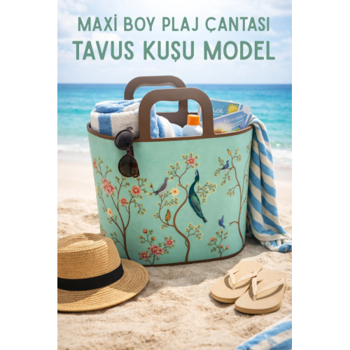Nandy Home Maxi Boy Silikon Plaj Çantası – Tavus Kuşu Desenli, Ekstra Geniş Hacimli, Dayanıklı ve Şık Tasarım - Yaza Özel