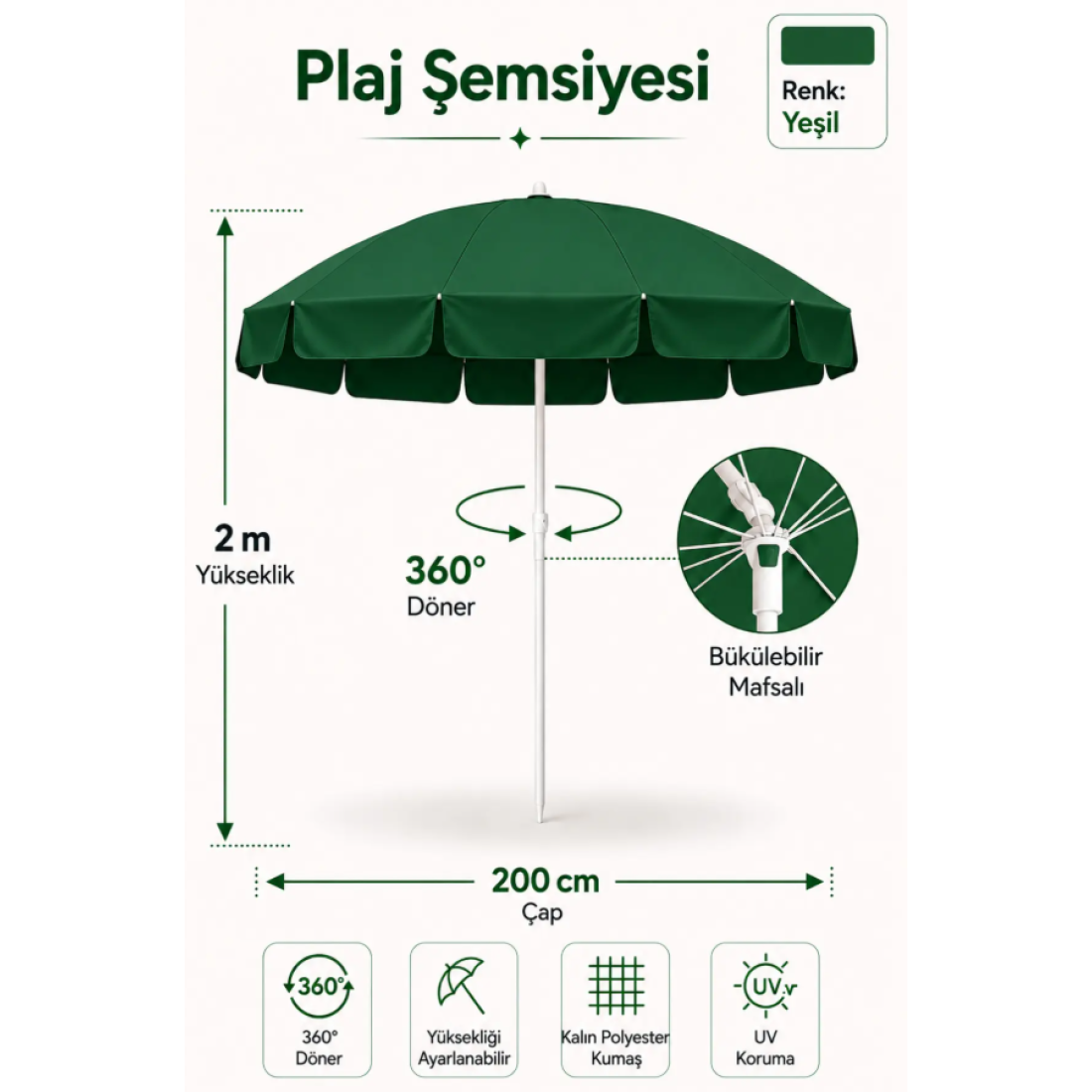Düvenci Yeşil Plaj Şemsiyesi 200 cm çap /10 telli, Polyester Kumaş - Yaza Özel