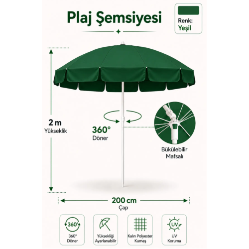 Düvenci Yeşil Plaj Şemsiyesi 200 cm çap /10 telli, Polyester Kumaş - Yaza Özel