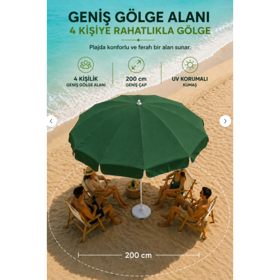 Düvenci Yeşil Plaj Şemsiyesi 200 cm çap /10 telli, Polyester Kumaş - Yaza Özel