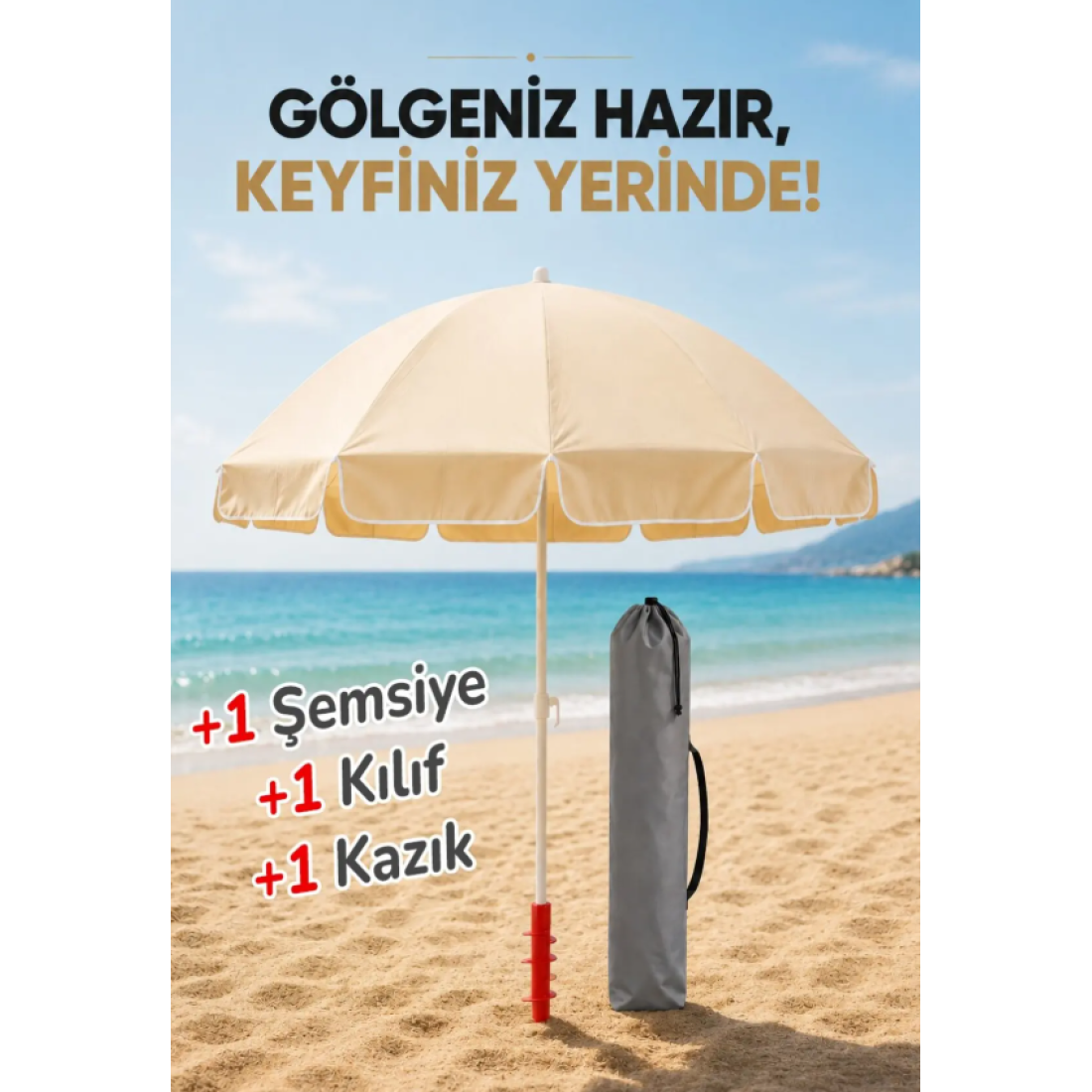 Düvenci Plaj Şemsiyesi + Kazık + Kılıf, Sabit Gölge Paketi - Yaza Özel