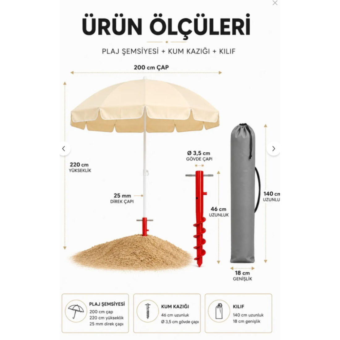 Düvenci Plaj Şemsiyesi + Kazık + Kılıf, Sabit Gölge Paketi - Yaza Özel