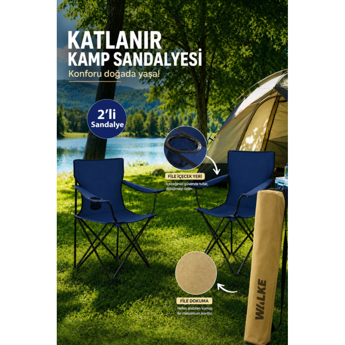 Walke 2 Li Katlanabilir Kamp Sandalyesi Piknik Sandalyesi Plaj Sandalyesi Mavi Taşıma Çantalı Lacivert - Yaza Özel